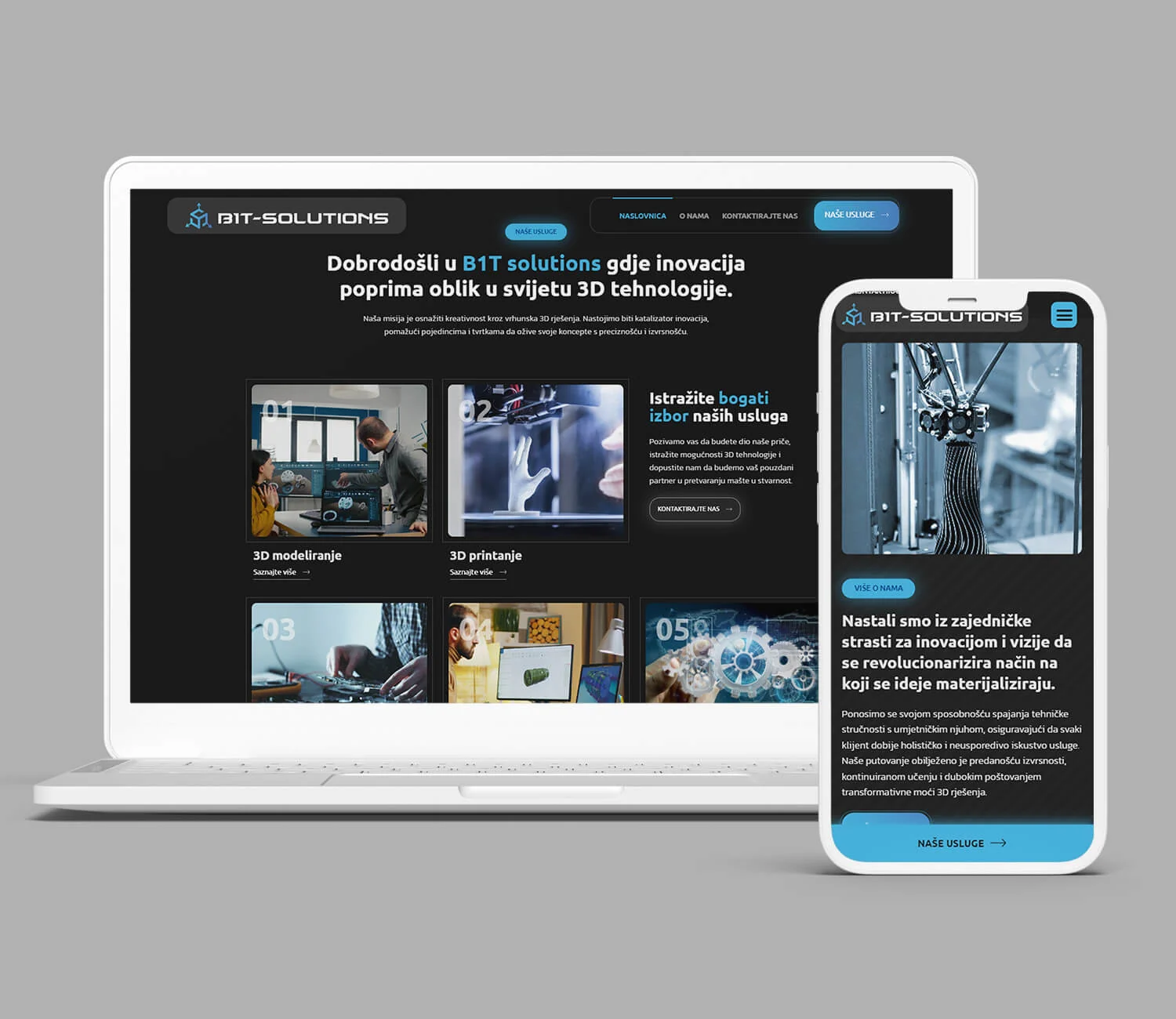 Desktop i mobilni prikaz web stranice B1T Solutions
