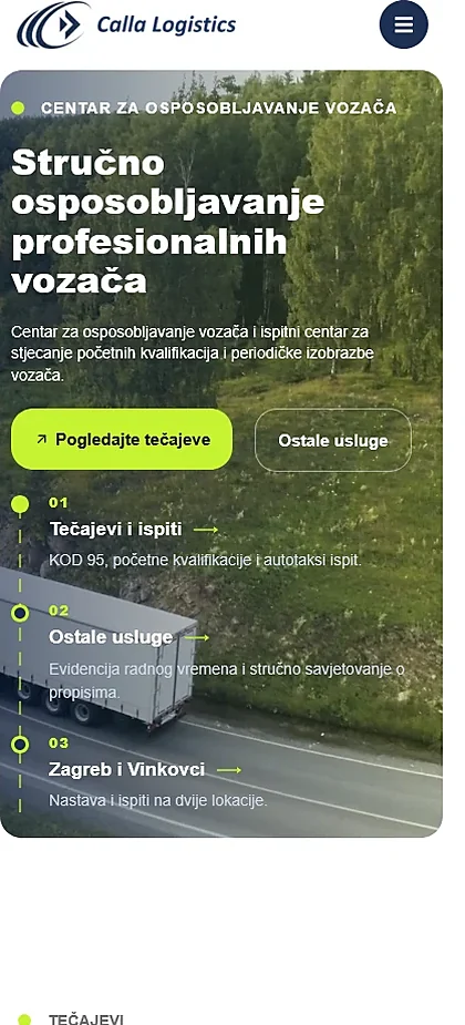 Web stranica Calla Logistics na mobitelu