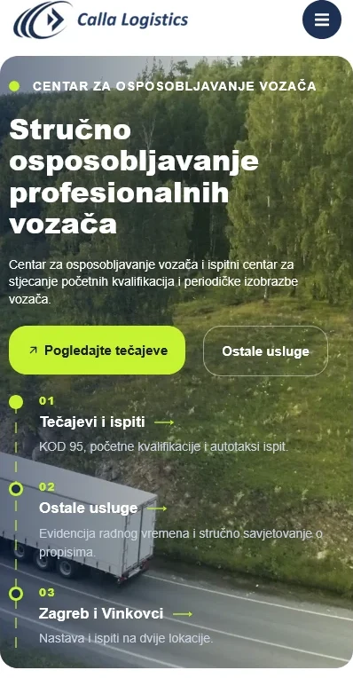 Mobilni prikaz web stranice Calla Logistics