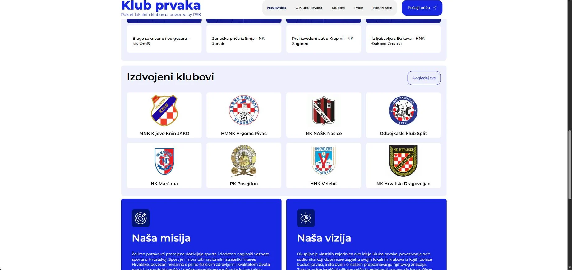 Pregled stranica web stranice Klub Prvaka