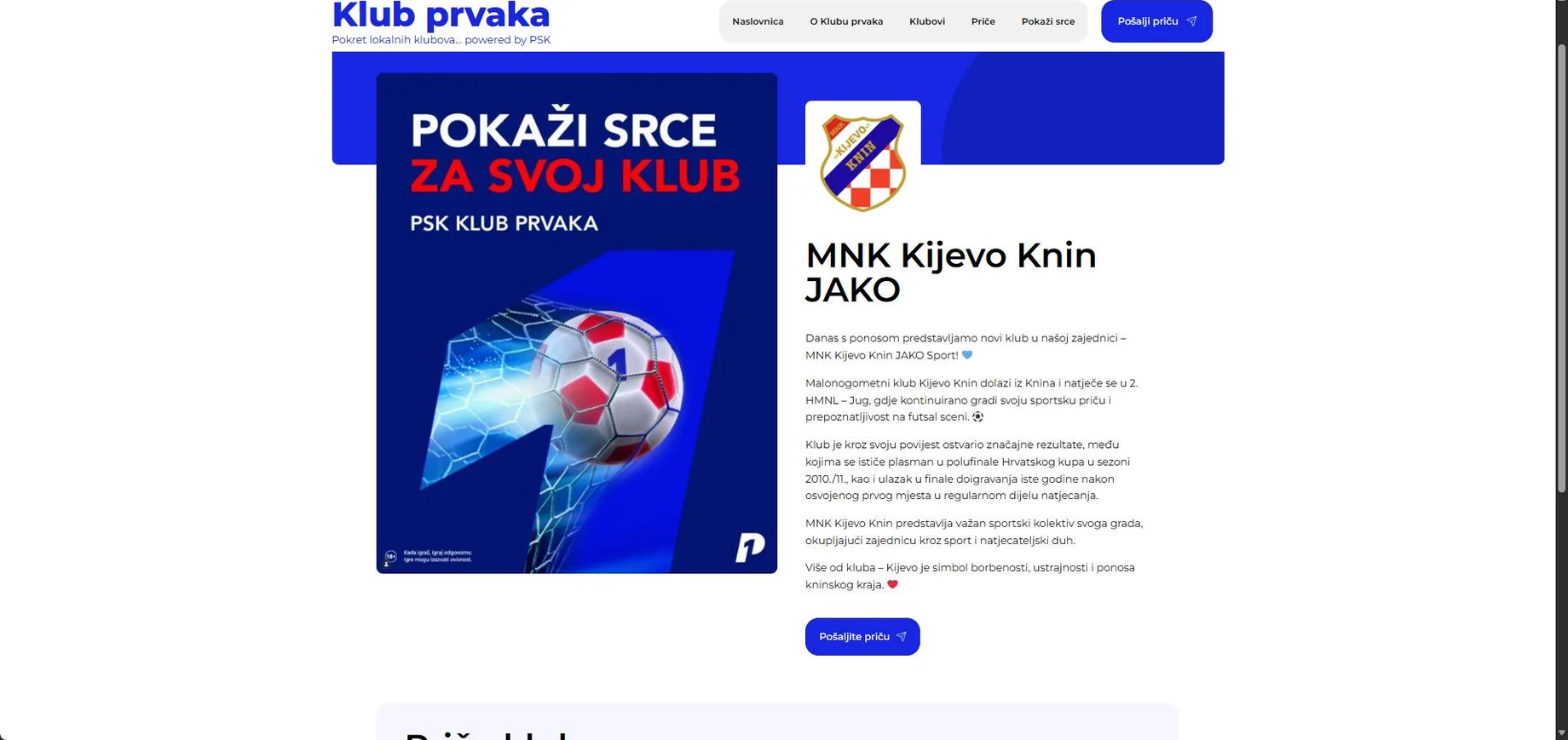 Mobilni prikazi web stranice Klub Prvaka