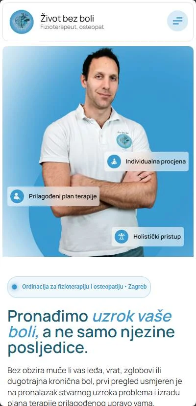 Mobilni prikaz web stranice Život bez boli